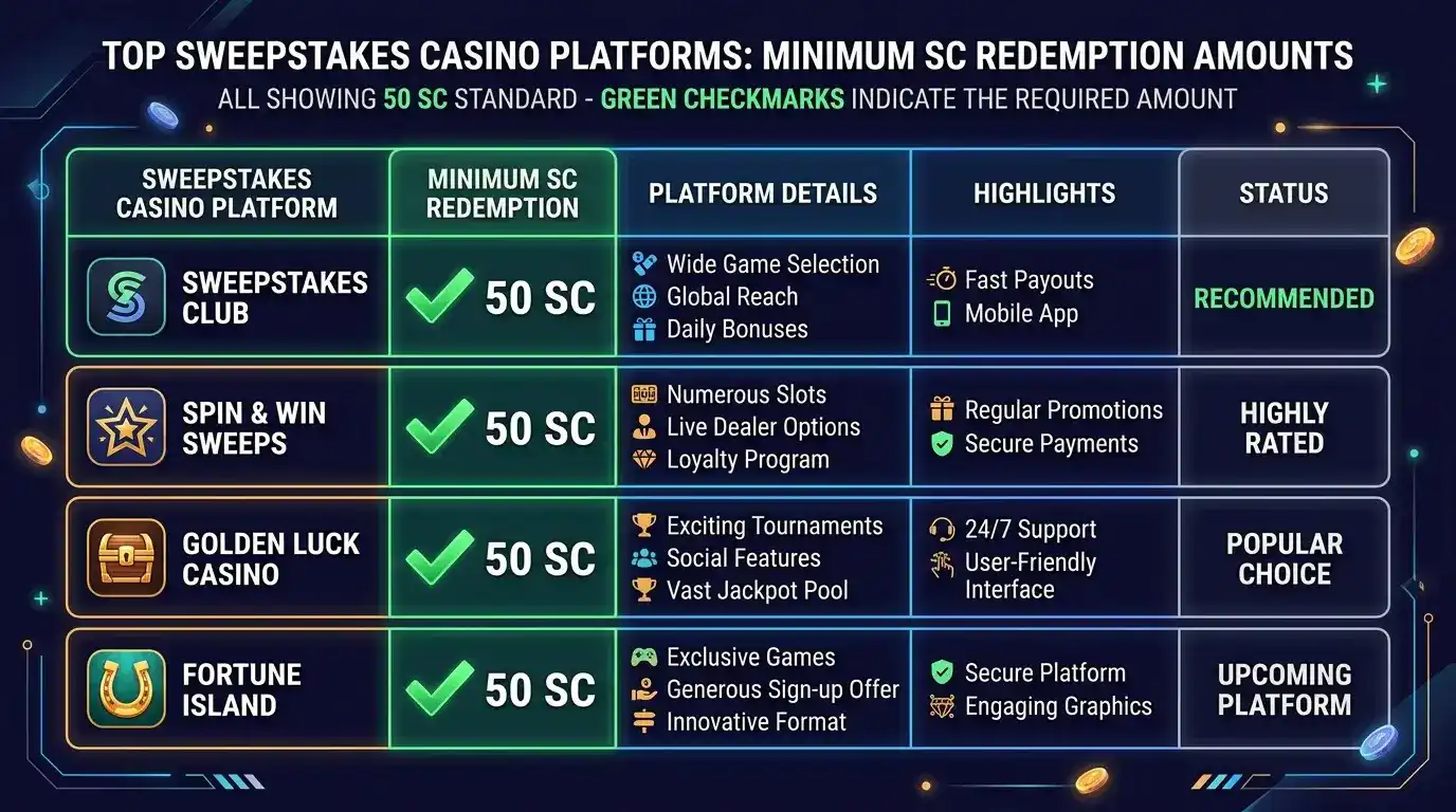 50 SC minimum redemption standard sweepstakes casino platforms 2026
