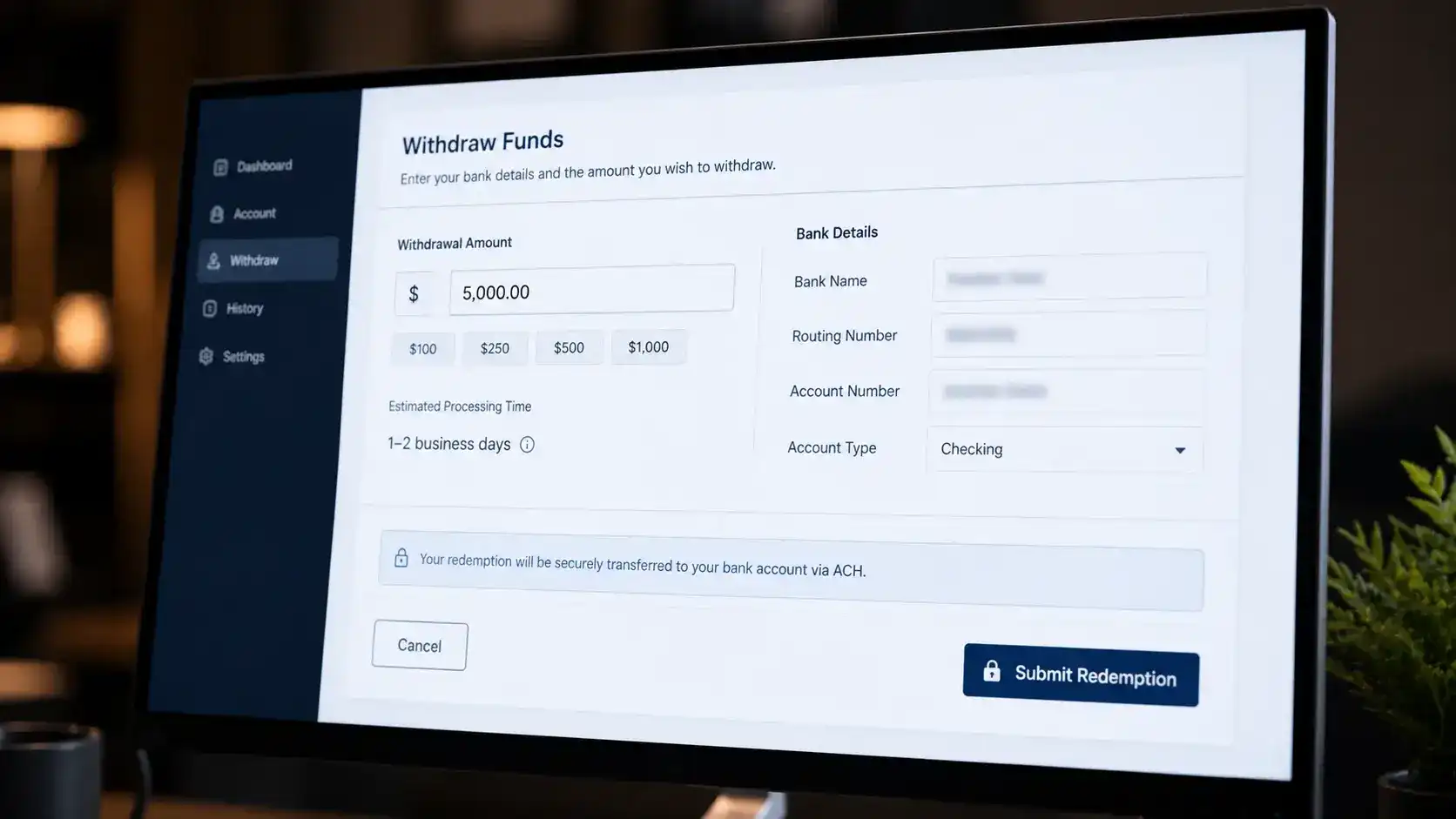 Chumba Casino ACH bank transfer redemption request screen