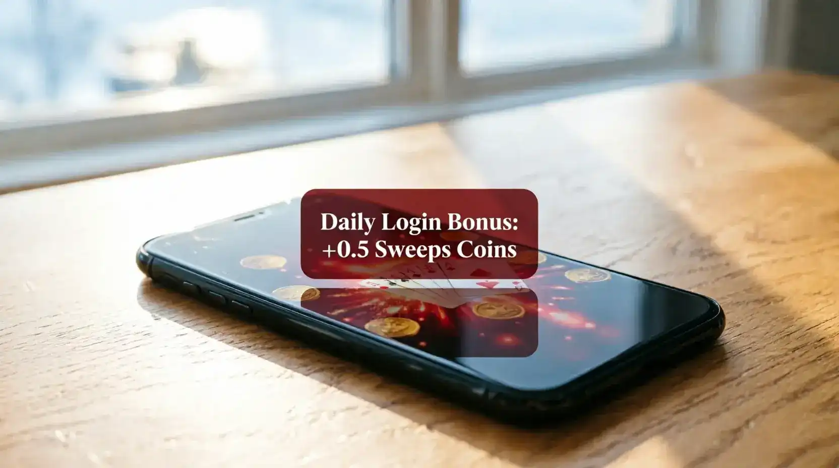 Sweepstakes casino daily login bonus notification awarding free Sweeps Coins on mobile device screen