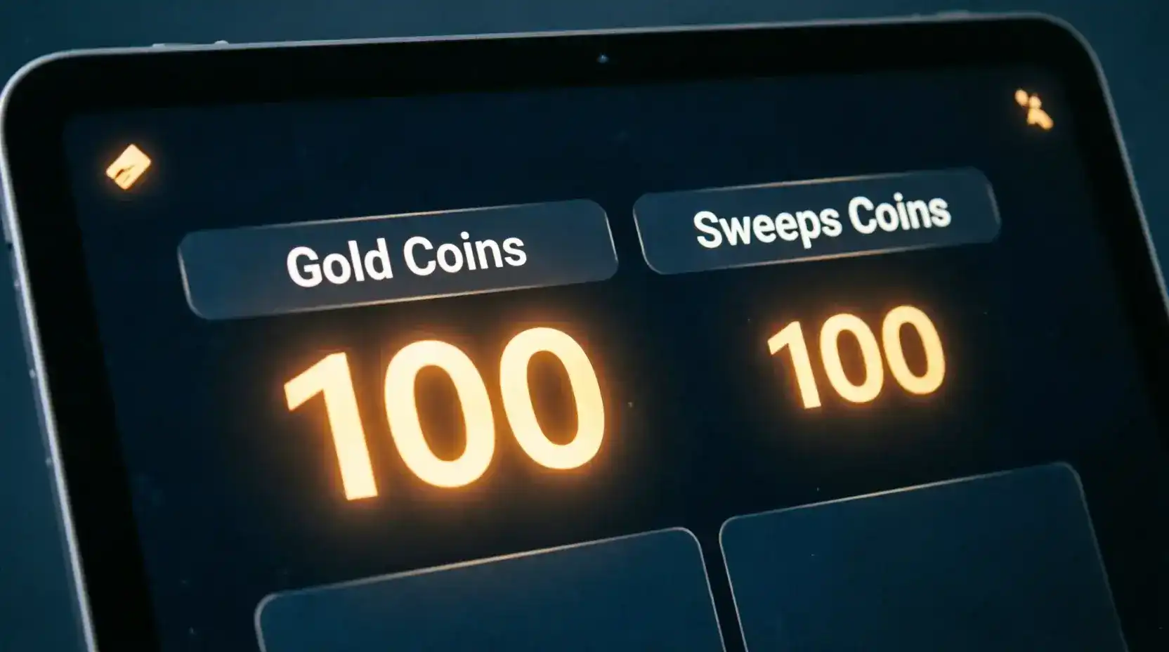 Sweepstakes casino account balance screen showing Gold Coins and Sweeps Coins counters side by side