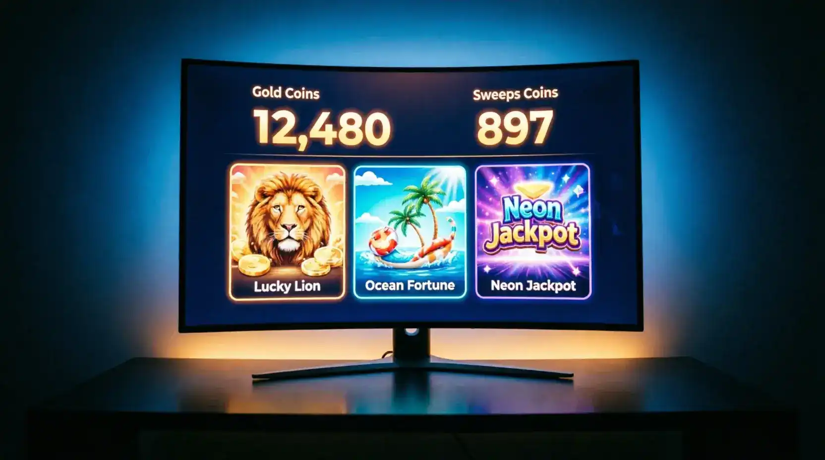 Sweepstakes casino dual-currency system with Gold Coins and Sweeps Coins on a dark platform interface