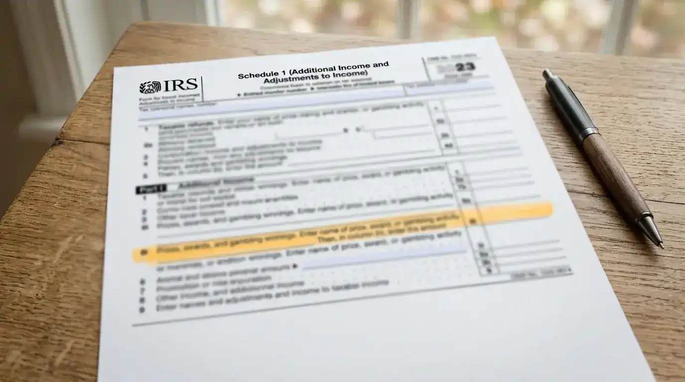 IRS Schedule 1 Additional Income form with prize income line highlighted