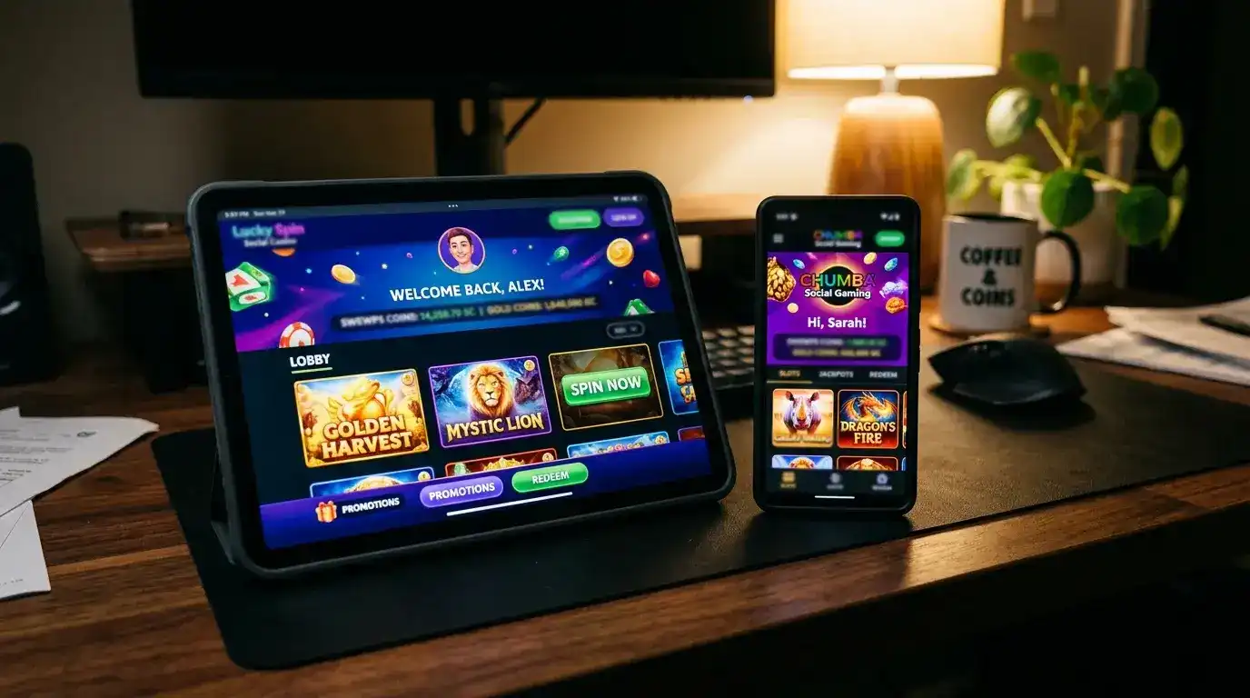 Multiple sweepstakes casino apps open simultaneously on tablet and phone showing stacked bonus strategy