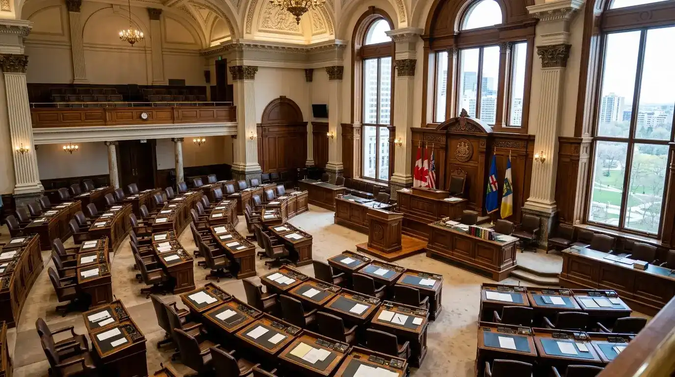 New York state legislature chamber interior representing the passage of sweepstakes casino ban S5935A
