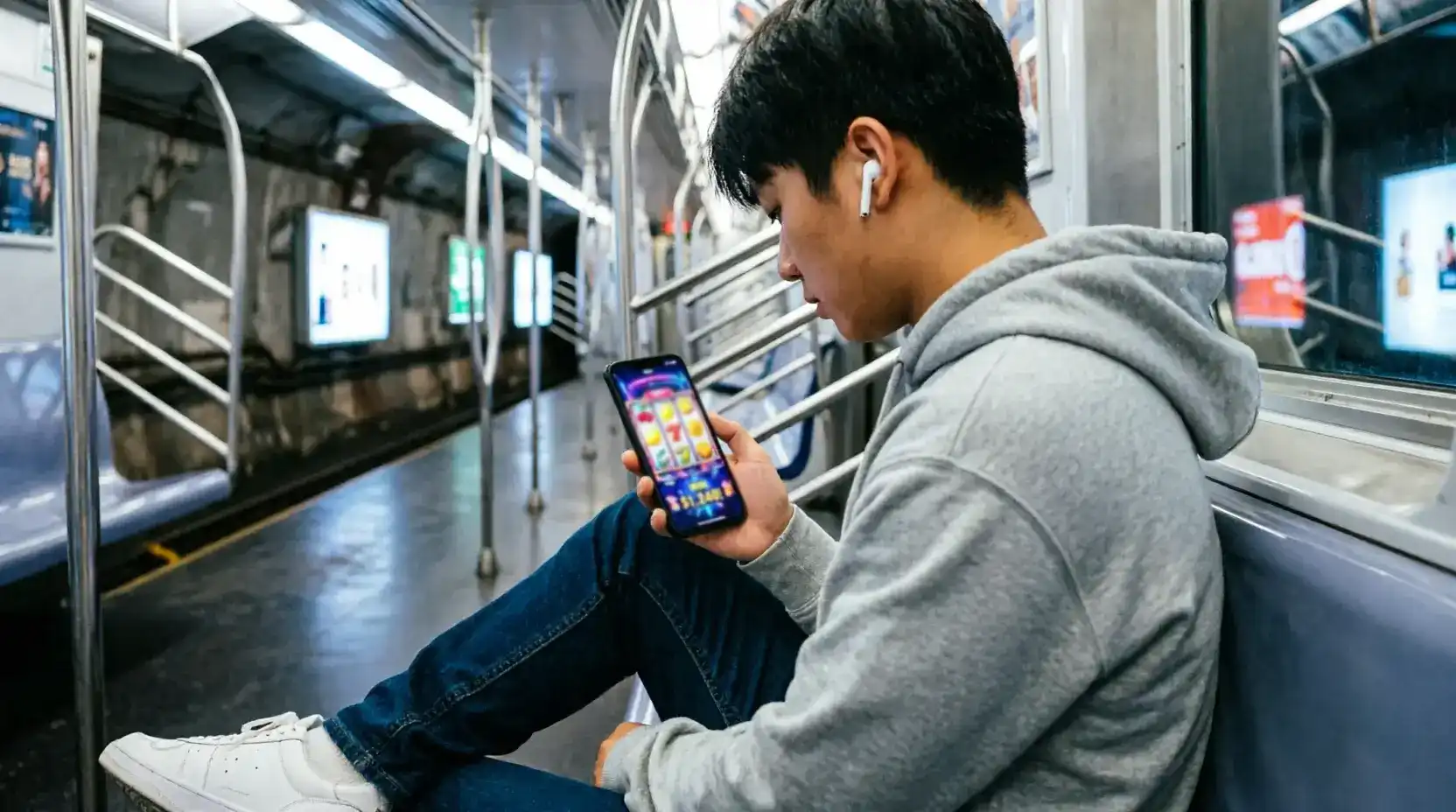 Player using sweepstakes casino app on smartphone during commute