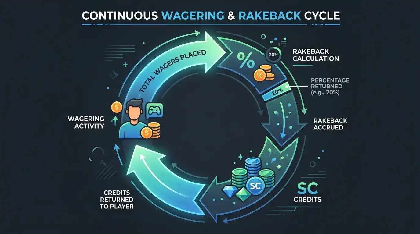 Stake.US Rakeback loyalty mechanism SC accumulation continuous wagering