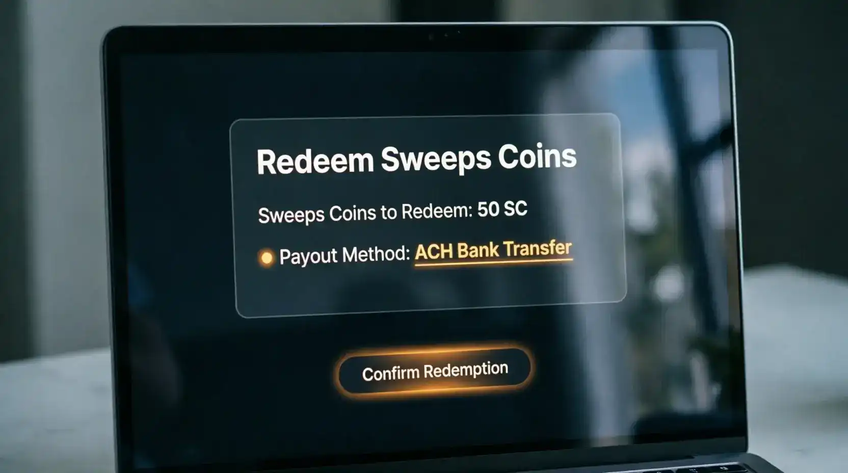 Sweepstakes casino cashier screen showing Sweeps Coins redemption request with ACH bank transfer selected