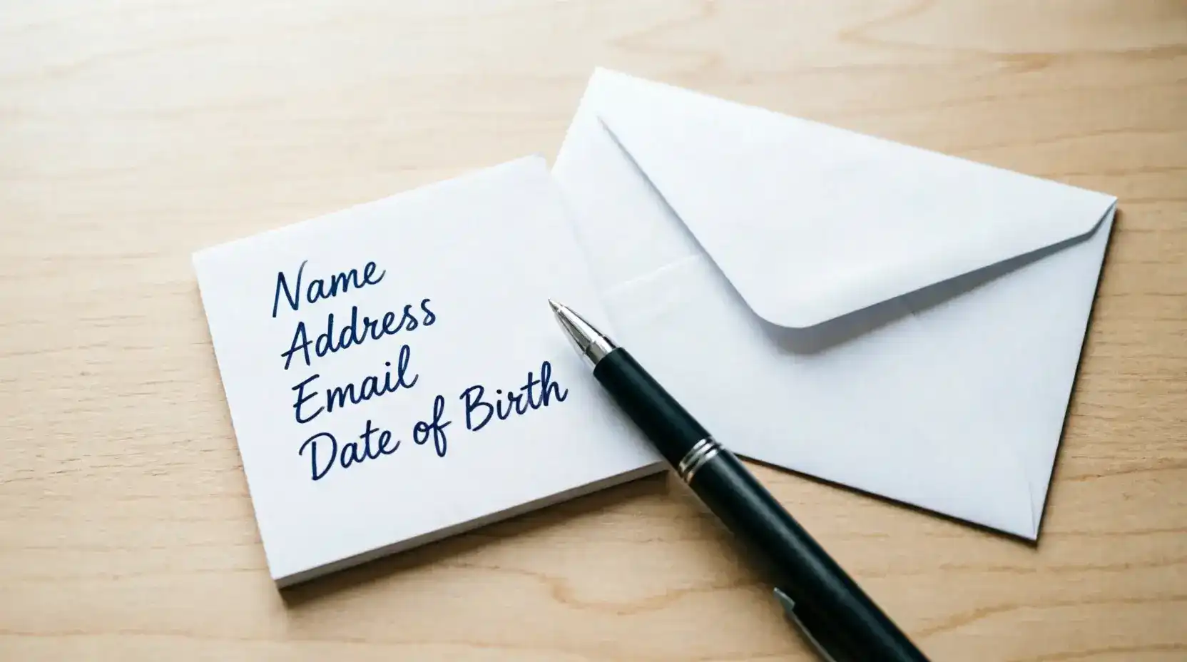 Handwritten notecard next to envelope illustrating the sweepstakes casino AMOE mail-in free entry process