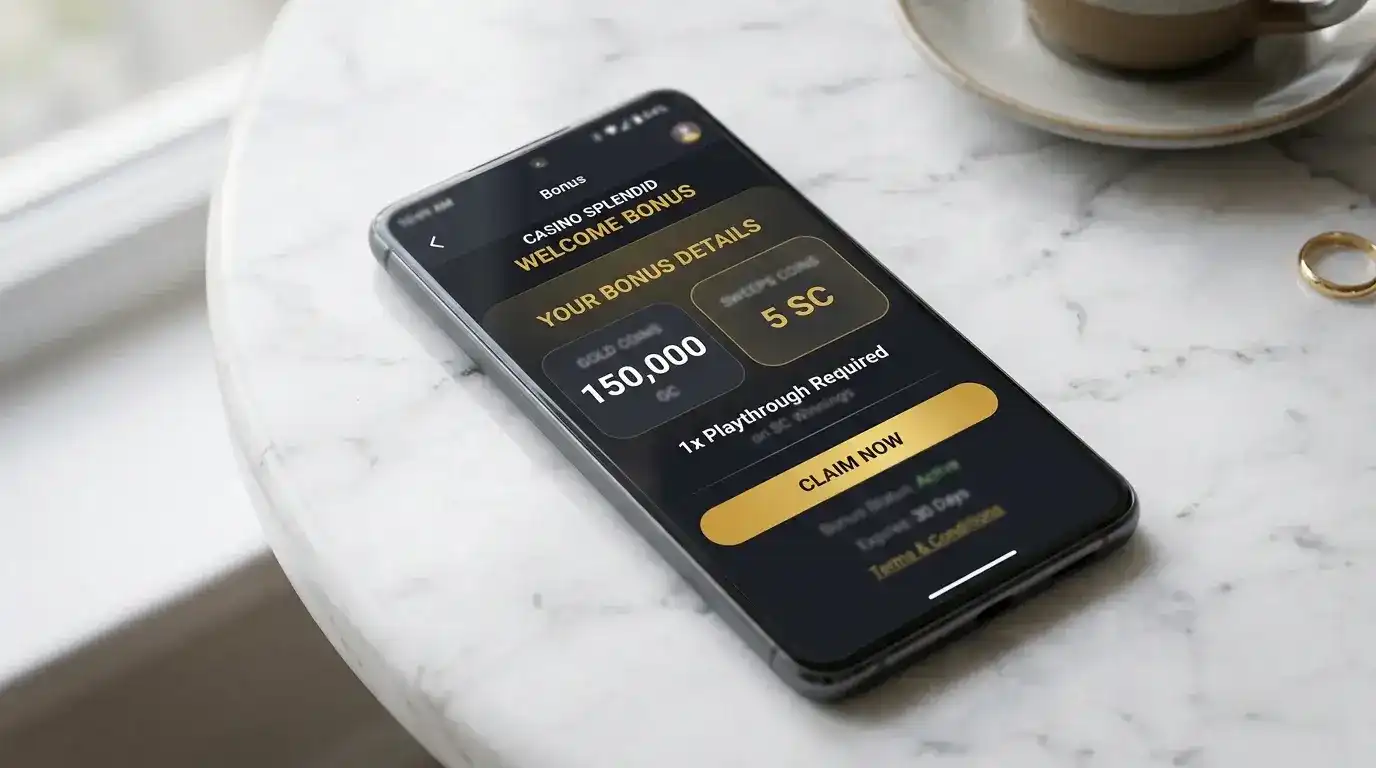 Sweepstakes casino welcome offer breakdown showing Gold Coins and Sweeps Coins components with playthrough terms