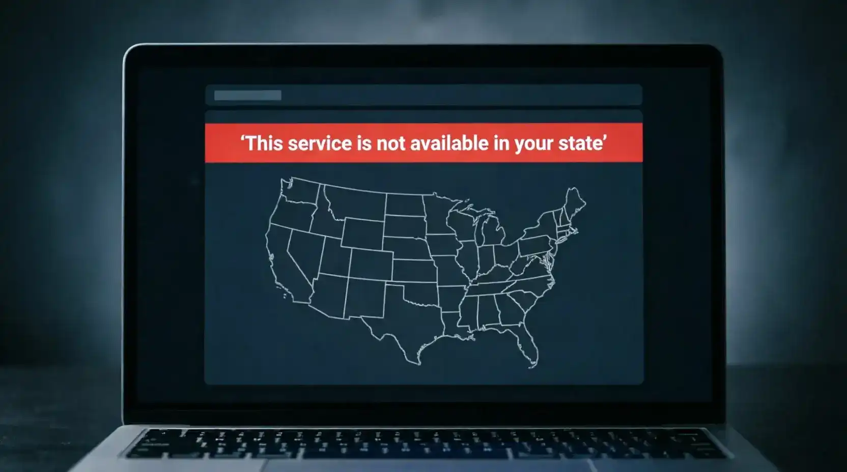 Sweepstakes casino access restricted screen showing geo-block for banned state with red notification