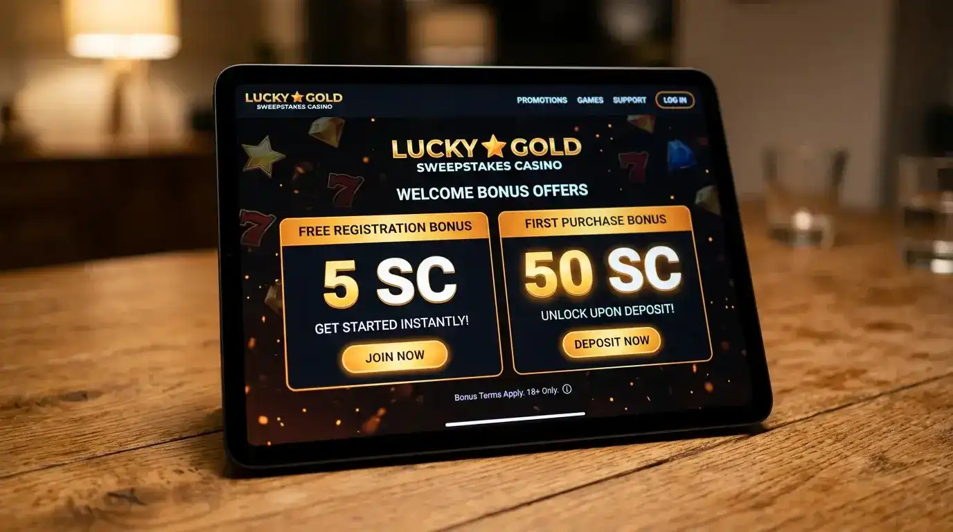 Sweepstakes casino welcome bonus screen showing registration free SC and first purchase SC bonus
