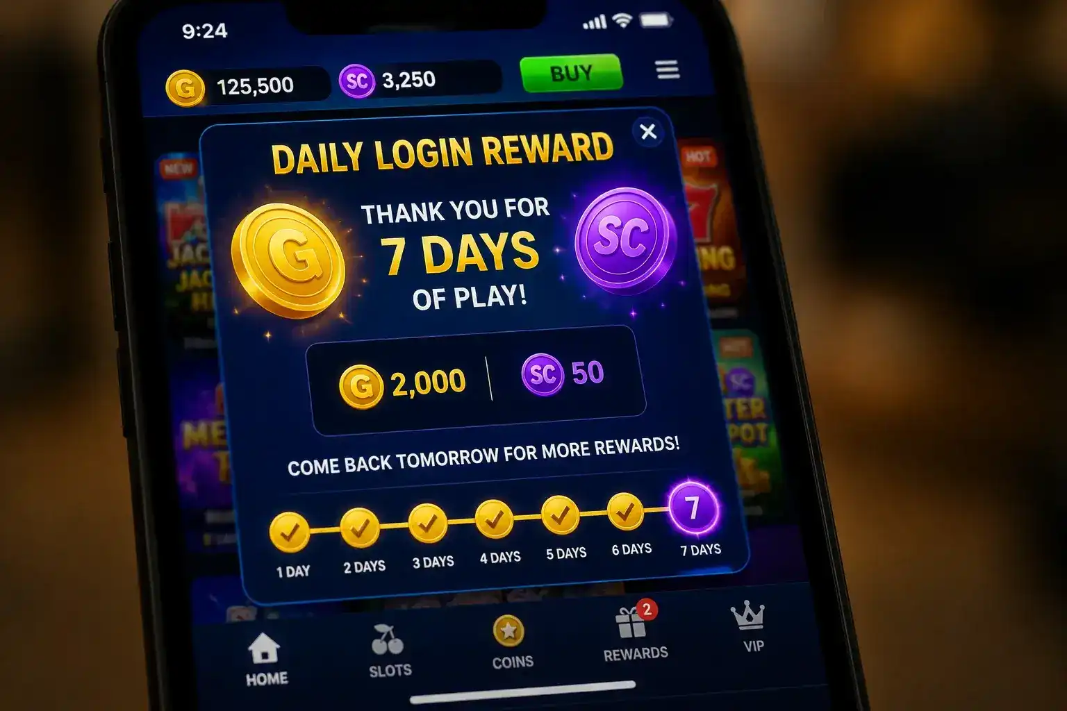 Daily login bonus reward screen showing Sweeps Coins credited