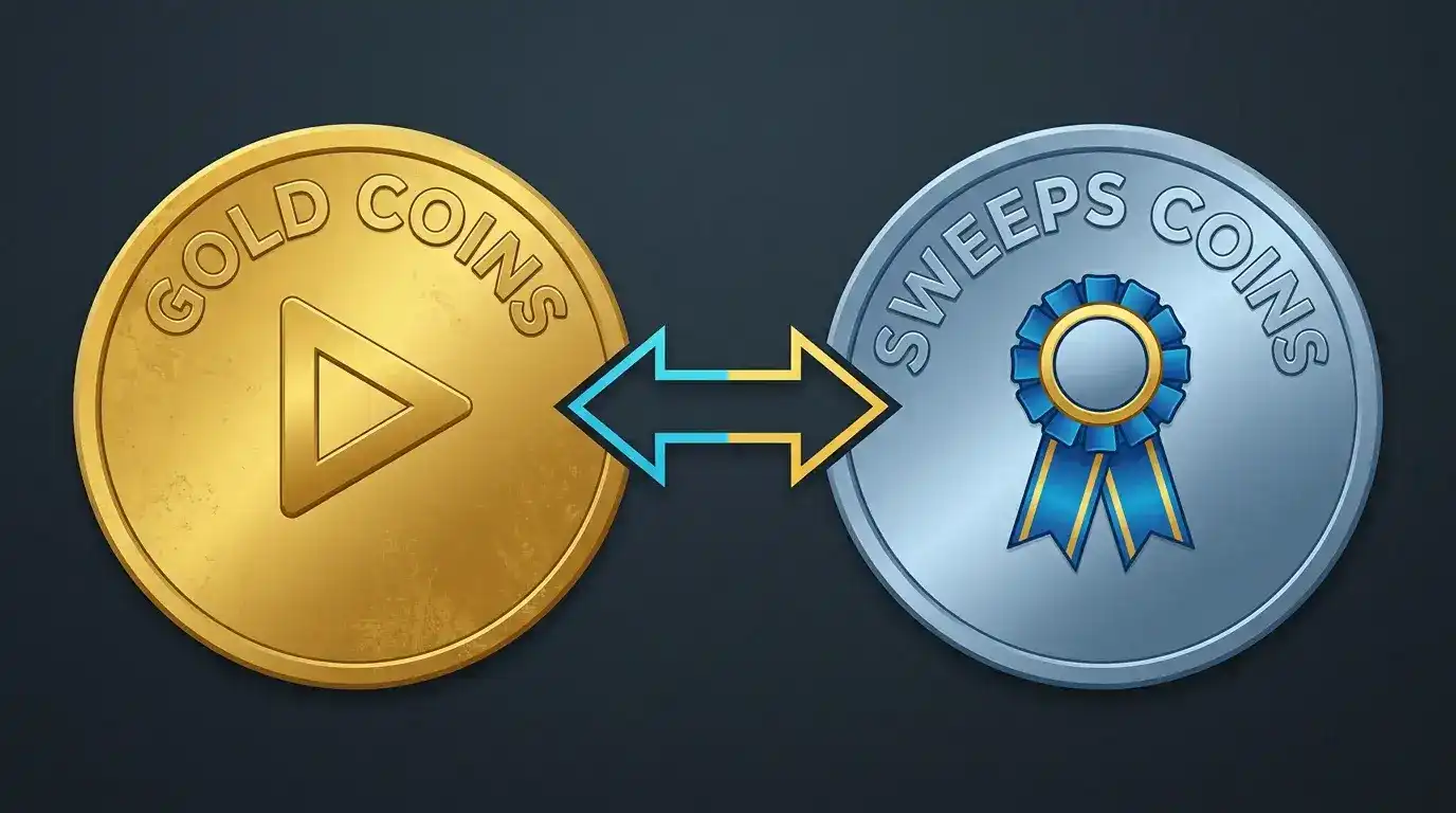 Sweepstakes casino dual-currency model diagram showing Gold Coins and Sweeps Coins for US players