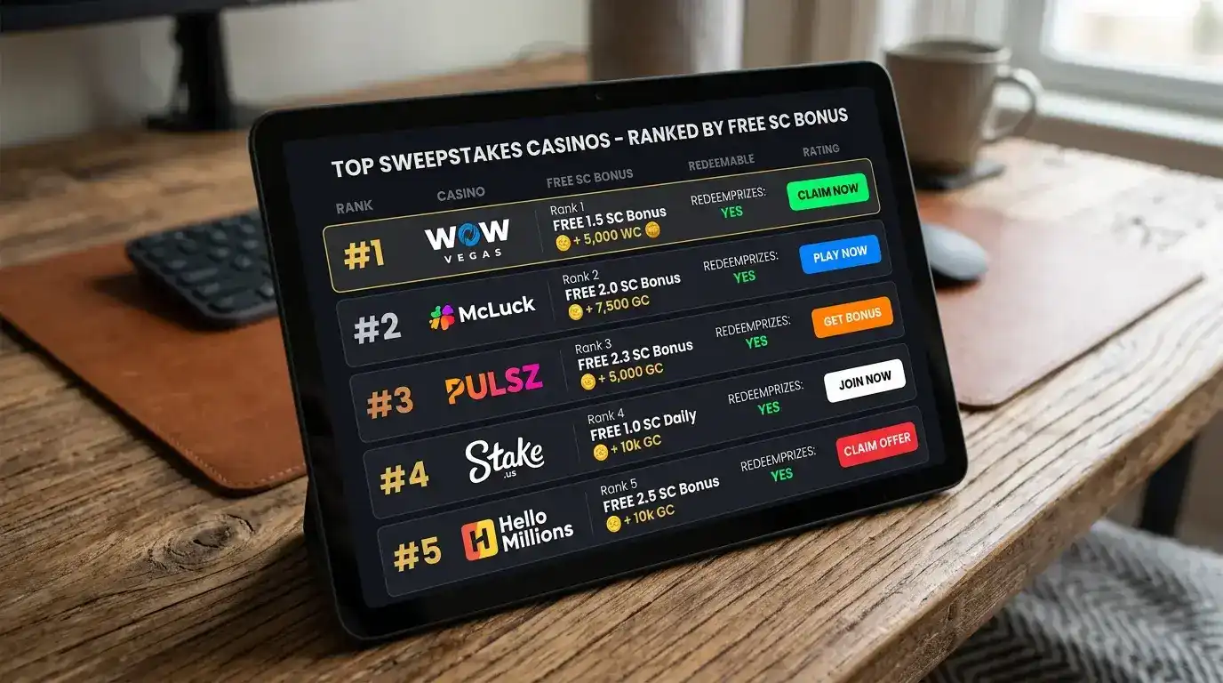 Ranked list visual of sweepstakes casino platforms ordered by free Sweeps Coins registration offer amount