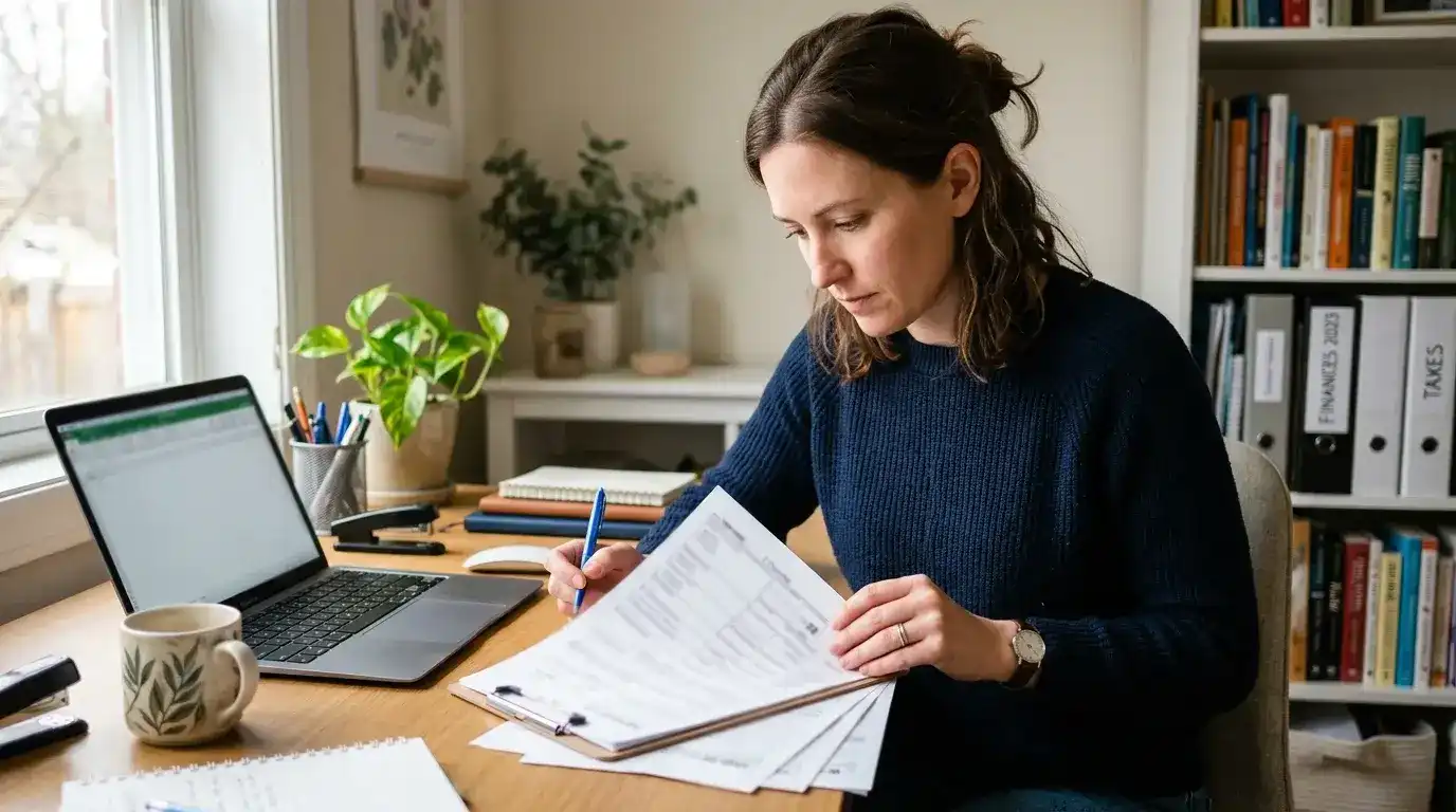 Person reviewing tax documents at desk with form 1099-MISC visible representing sweepstakes prize income reporting