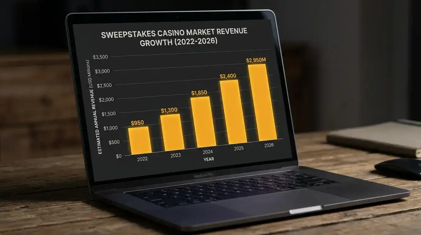 Simple bar graph showing sweepstakes casino market revenue growth from 2022 to 2026 with upward trend