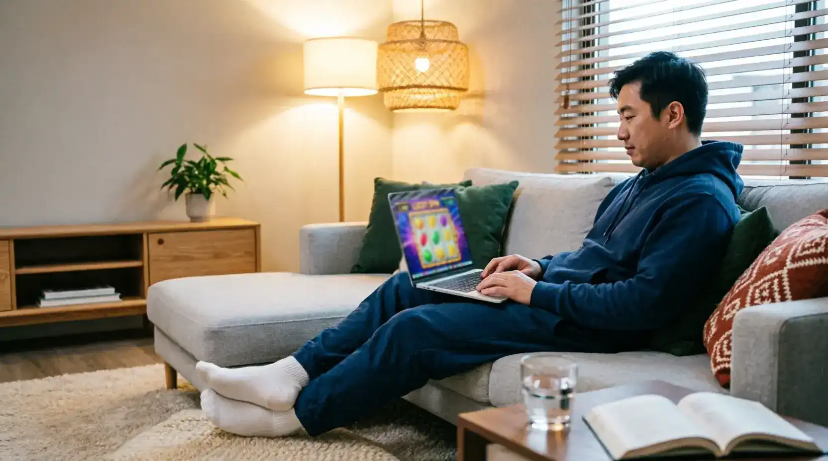 Person playing sweepstakes casino on laptop in a relaxed home setting in a US open state