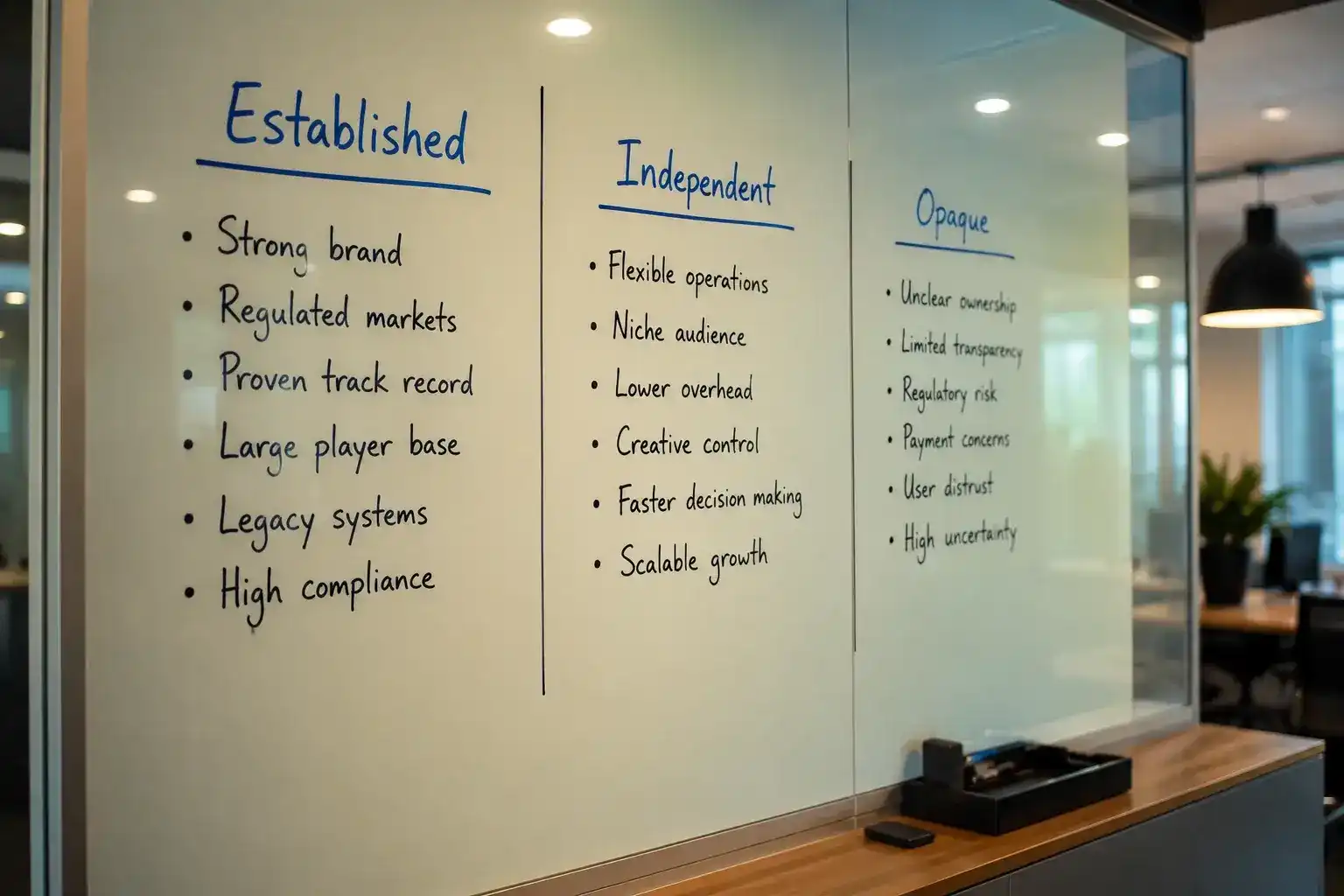 Three categories of sweepstakes casino operators on whiteboard