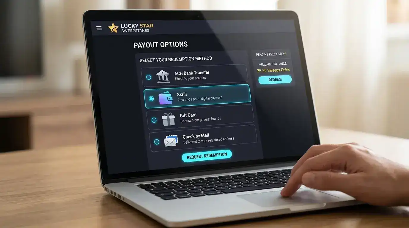 Sweepstakes casino cashier showing available payout options including ACH bank transfer and Skrill e-wallet