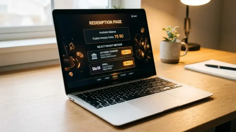 Sweepstakes casino payout process showing Sweeps Coins converting to cash with ACH and Skrill payout options