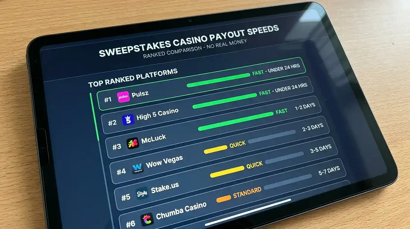 Speed comparison visual of sweepstakes casino platforms ranked by payout processing time in 2026