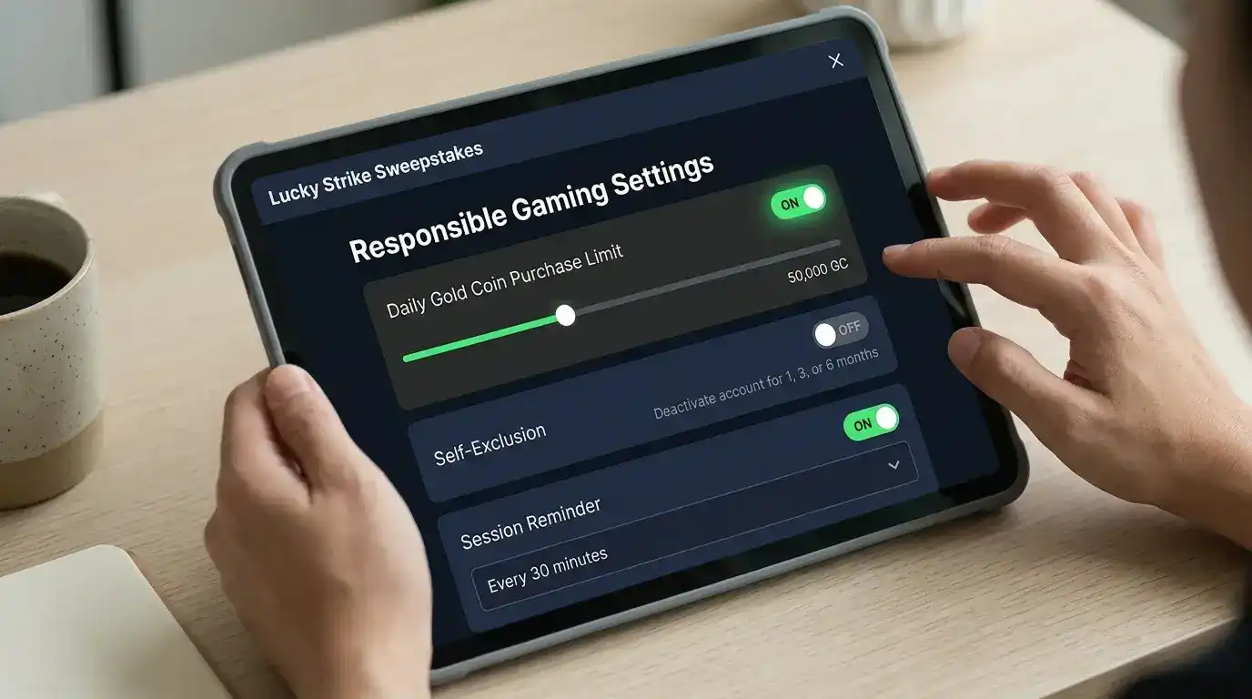 Responsible gaming settings panel on sweepstakes casino platform showing voluntary deposit limit controls