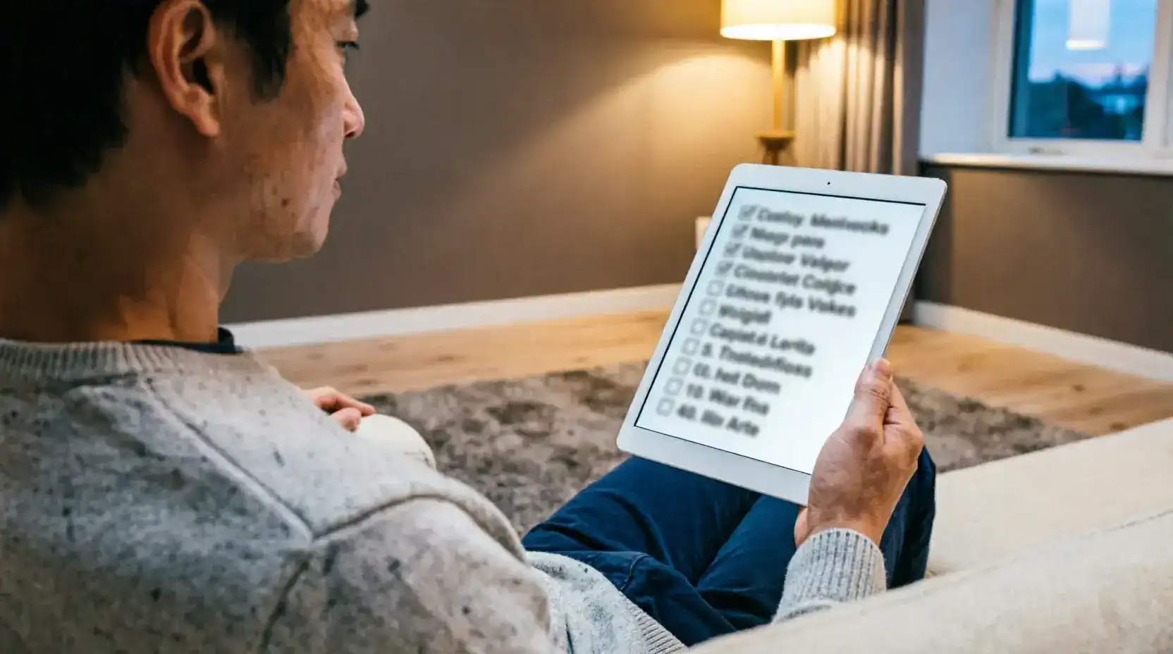 Person using tablet to review a sweepstakes casino platform checklist before signing up