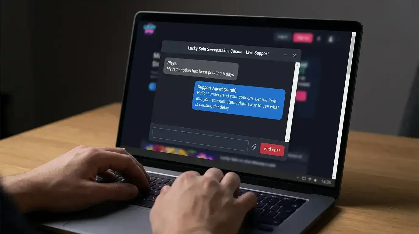 Sweepstakes casino support chat screen showing a player resolving a pending redemption issue with customer service