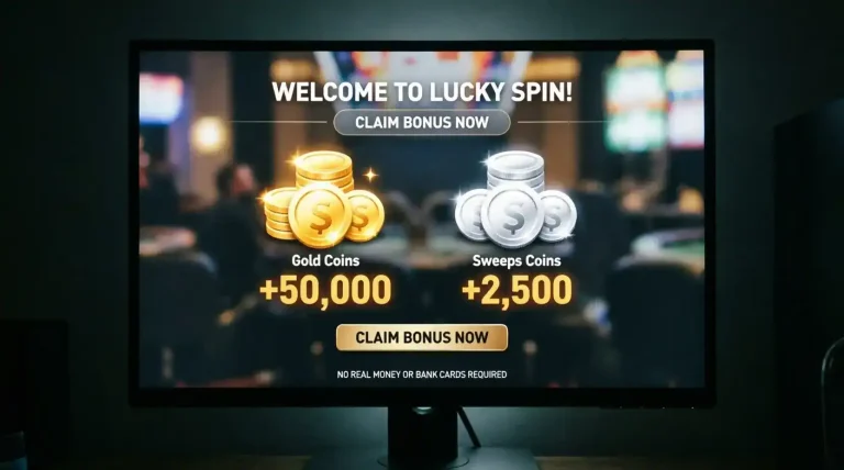 Sweepstakes casino sign-up bonus display showing Gold Coins and Sweeps Coins welcome offer on dark background