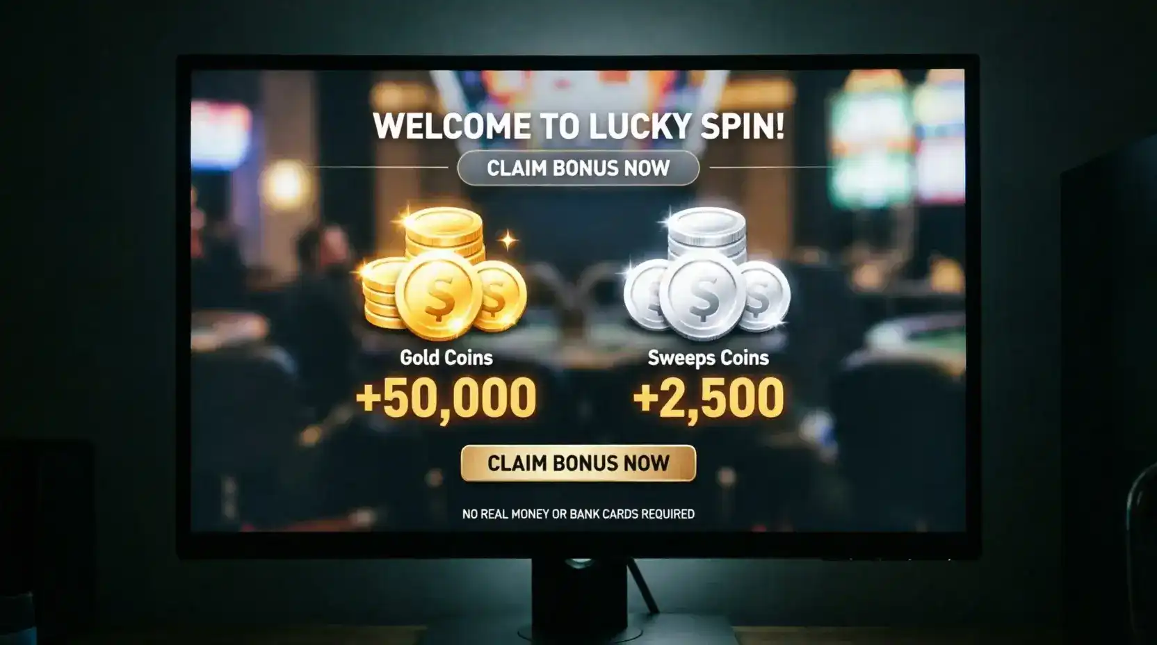 Sweepstakes casino sign-up bonus display showing Gold Coins and Sweeps Coins welcome offer on dark background