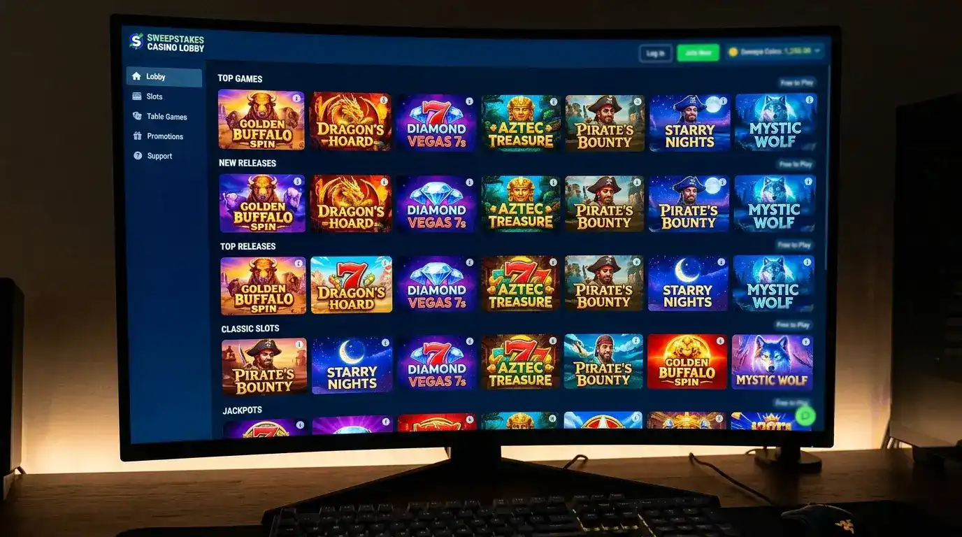 Sweepstakes casino game lobby showing rows of slot machine thumbnails from major software providers on screen