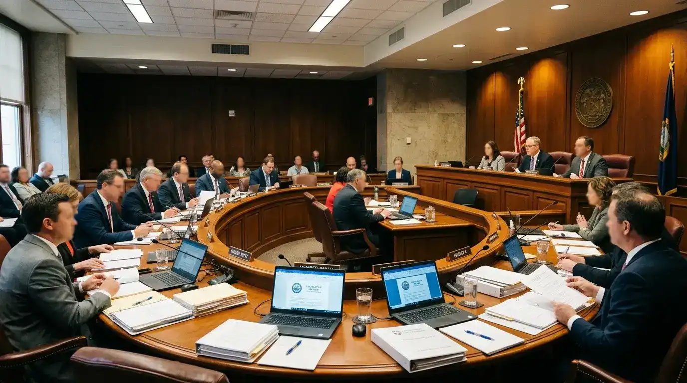 State legislative hearing room with lawmakers reviewing sweepstakes casino regulation proposals in 2026