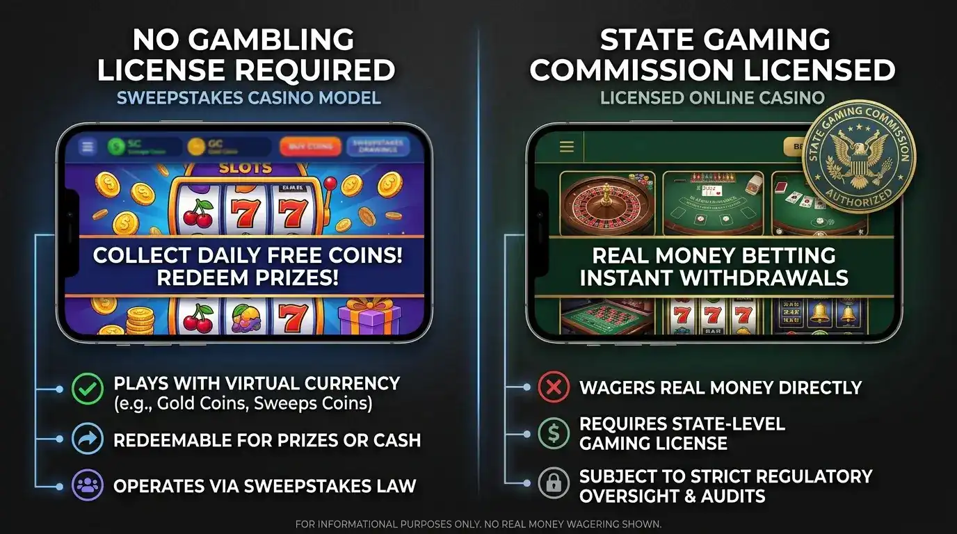 Side-by-side illustration of licensed online casino regulatory badge versus sweepstakes casino no-license operation