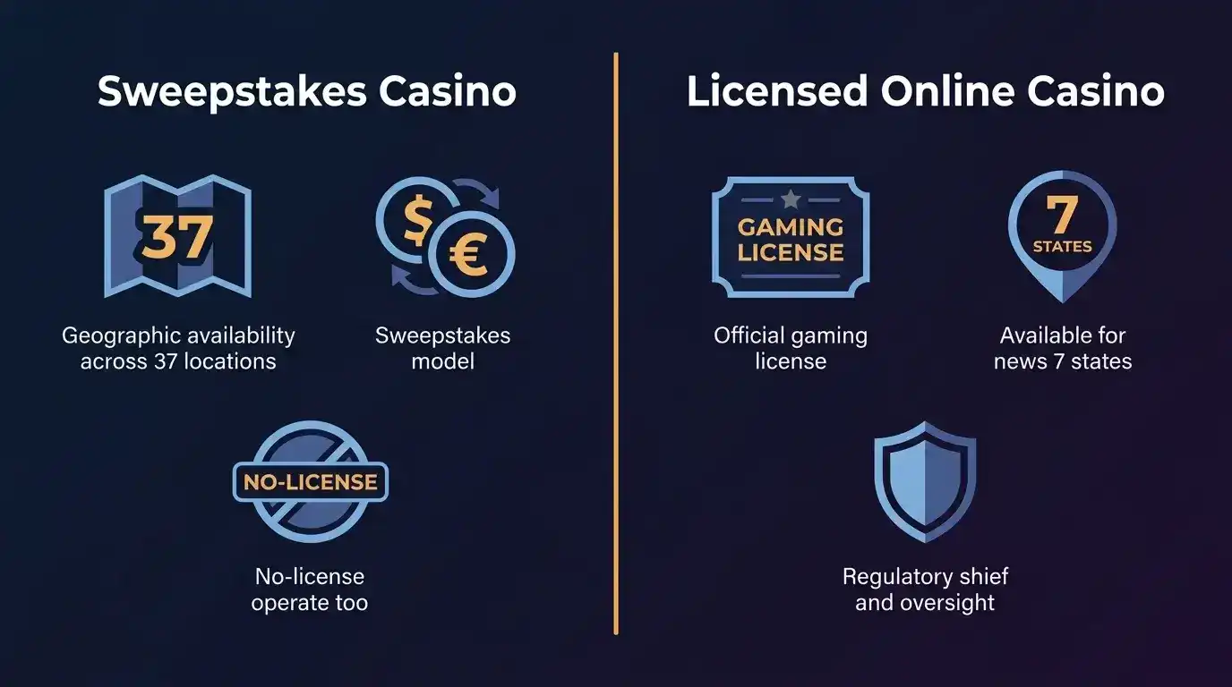 Side-by-side visual comparing sweepstakes casino and licensed online casino key differences