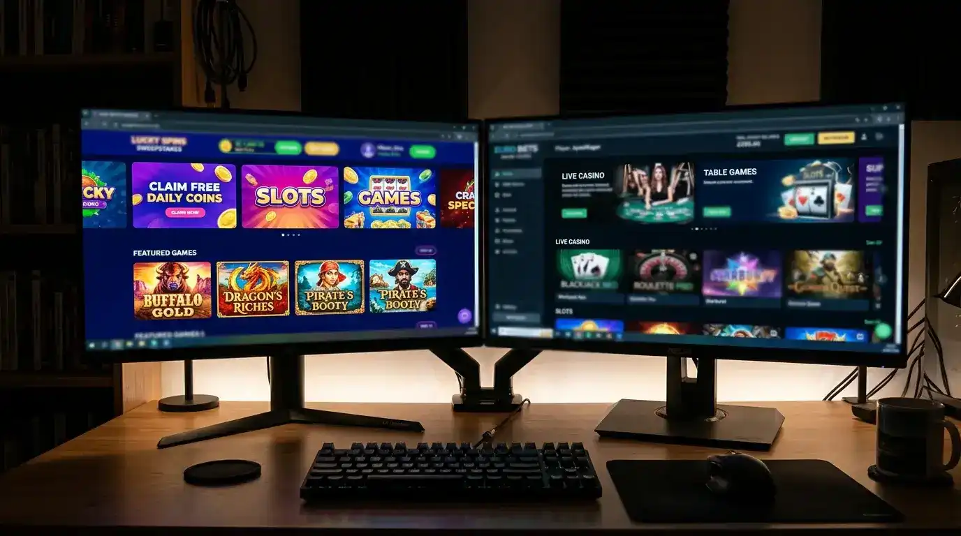 Side-by-side comparison of sweepstakes casino and real-money online casino on two screens highlighting key differences