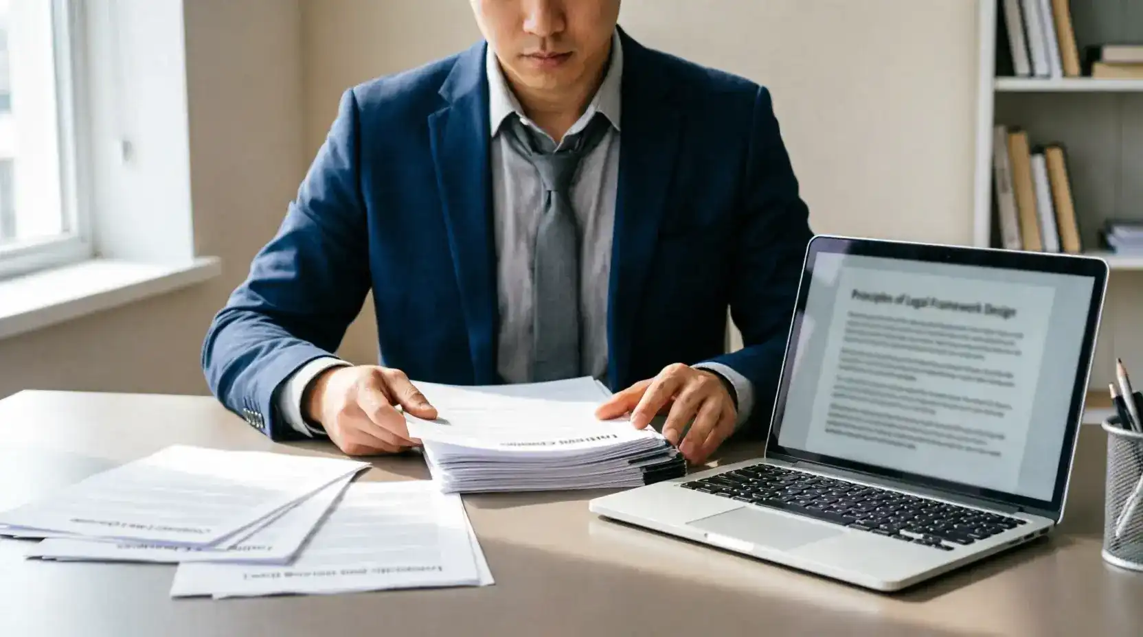 Person reviewing legal documents related to promotional sweepstakes law at a desk with laptop