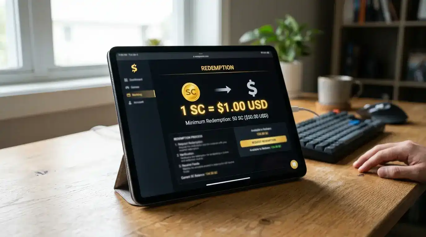 Sweepstakes casino redemption screen showing 1 SC equals 1 dollar exchange rate with 50 SC minimum balance