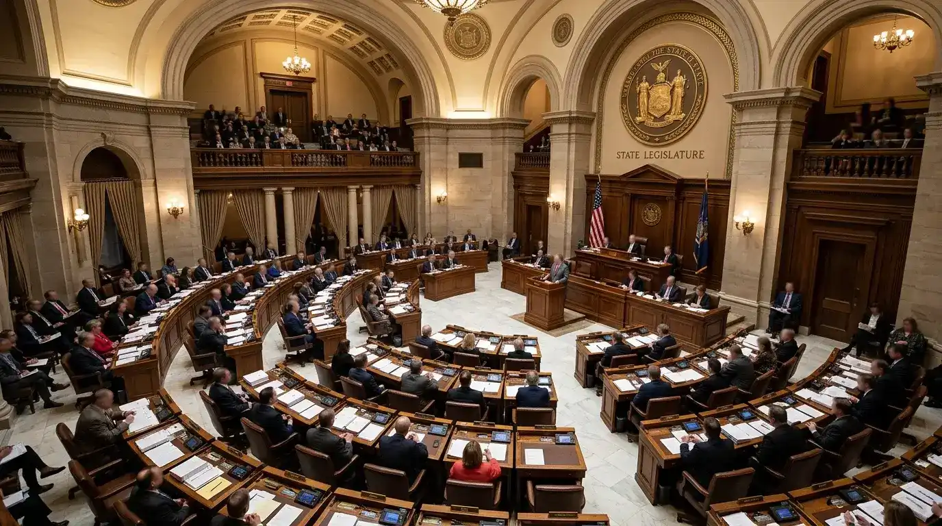 State legislators in session discussing sweepstakes casino regulatory bills in 2025