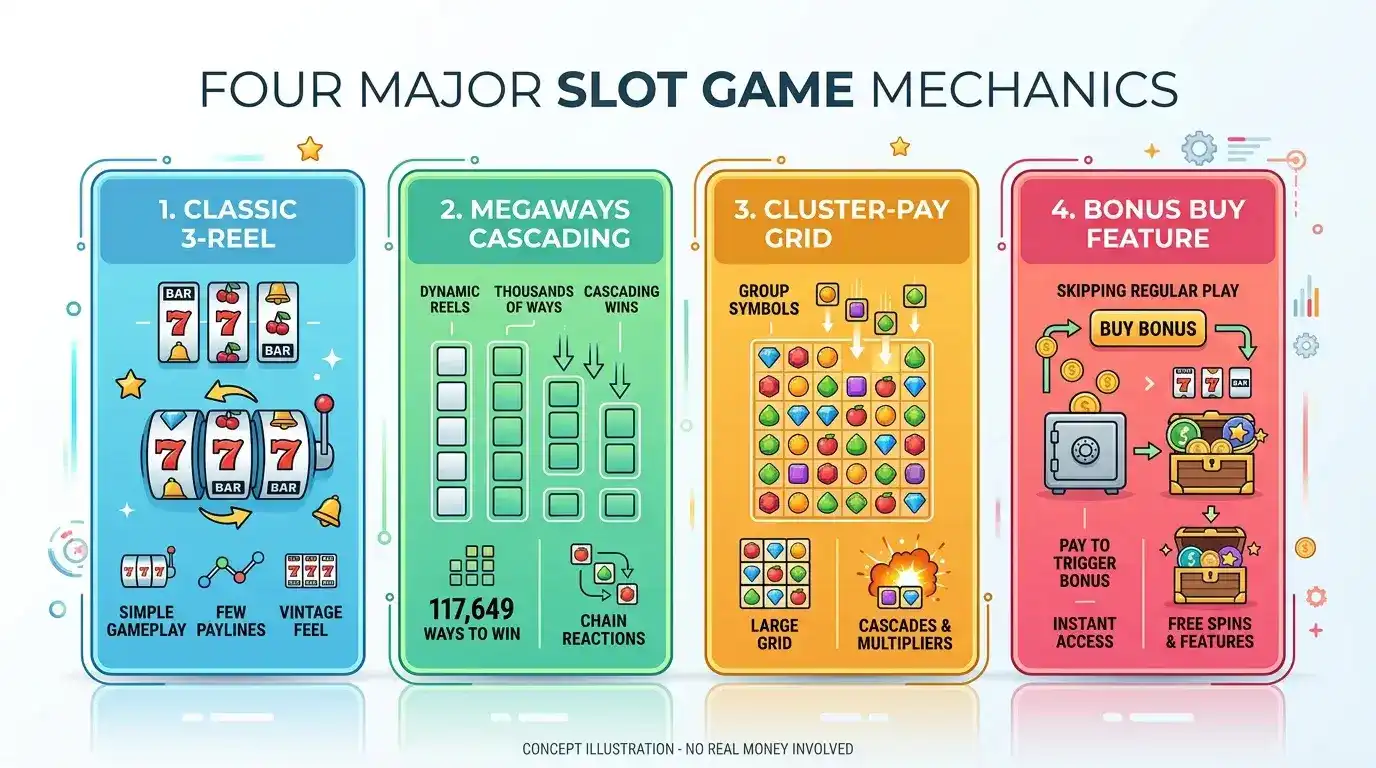 Different slot mechanic types megaways cluster-pay sweepstakes