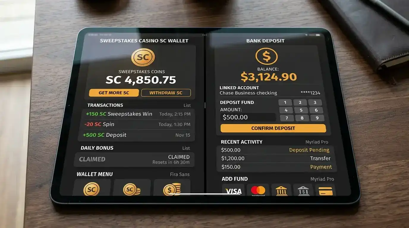 Sweepstakes casino Sweeps Coins wallet screen beside a bank deposit screen showing the two financial pathways