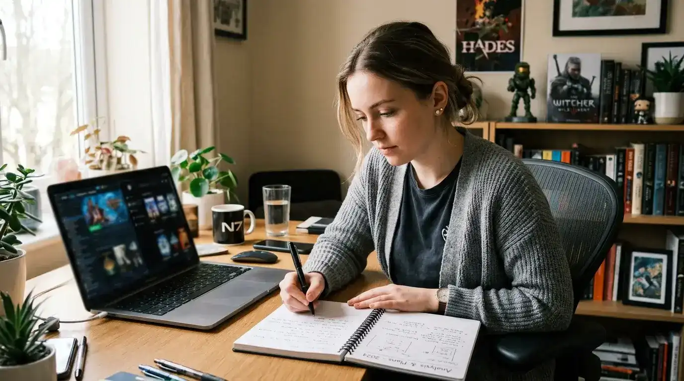 Person at laptop weighing options between sweepstakes casino and real-money online casino with notes beside them